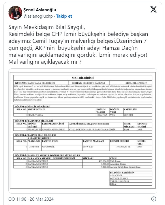 Aslanoğlu'ndan Saygılı 'ya soru: Dağ, mal varlığını açıklayacak mı?