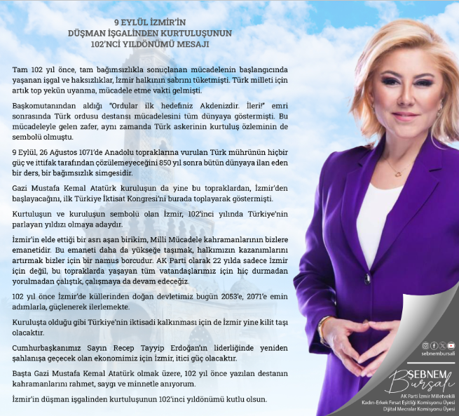 İzmir Milletvekili Şebnem Bursalı'dan 9 Eylül paylaşımı