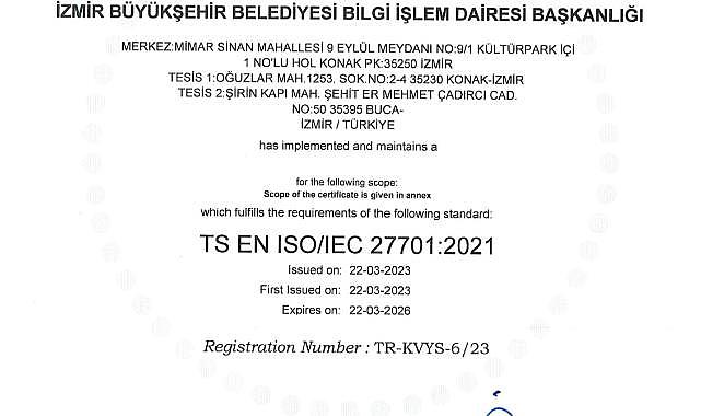 İzmir Büyükşehir Belediyesi ISO 27701 standardına sahip ilk “Büyükşehir” oldu
