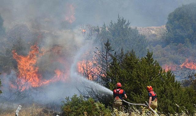 İzmir-Çeşme yangını havadan ve karadan söndürülüyor