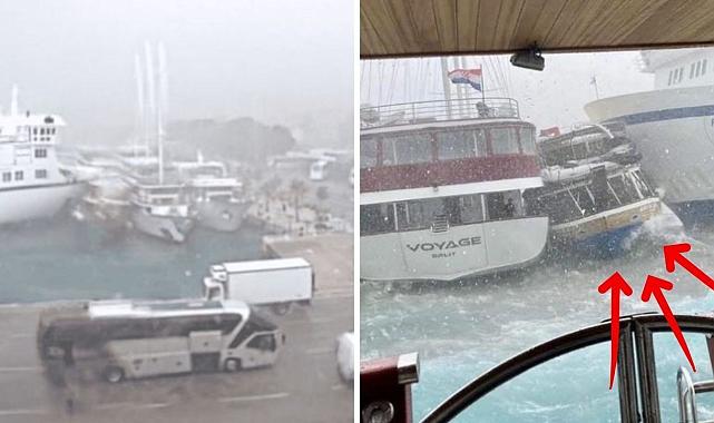 Şiddetli yağışta feribot limandaki gemiye çarptı