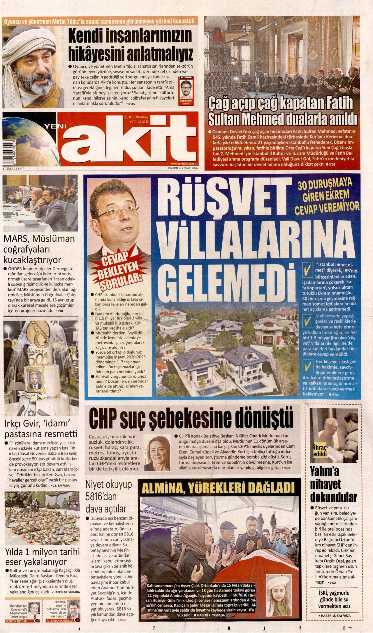 Yeni Akit Gazetesi Gazete Manşeti